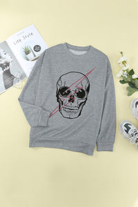 Halloween Skull and Lightning Graphic, Crew Neck, Drop Shoulder, Long Sleeve Top