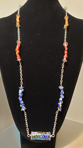 Hand Crafted, Non Tarnish Silver Chain with painted Millefiori Glass & Toggle Clasp. Can be worn opera length or doubled up.