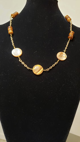 Hand Crafted Non Tarnish Gold Tone Chain Necklace with Brown Shell. Adjustable 21