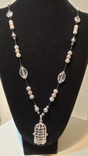 Load image into Gallery viewer, Hand Knotted Black Silk 36&quot; Necklace with Czech Glass,  Swarovski Pearls &amp; Bird Cage DIFFUSER