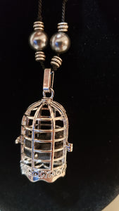 Hand Knotted Black Silk 36" Necklace with Czech Glass,  Swarovski Pearls & Bird Cage DIFFUSER