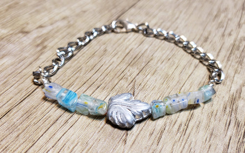 Hand Crafted Light Blue Millefiori Glass with Leaf Accent & Silver Chain Bracelet. Adjustable to 8.5