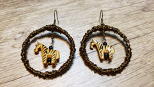 Load image into Gallery viewer, Hand Crafted Bronze Wire Wrapped Hoop, Fish Hook Earrings with Wooden Zebra Charm