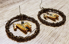 Load image into Gallery viewer, Hand Crafted Bronze Wire Wrapped Hoop, Fish Hook Earrings with Wooden Zebra Charm