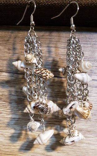 Hand Crafted, 6 Strand, Seashell & Silver Non Tarnish Chain Fish Hook Earrings