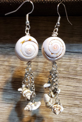 Hand Crafted, 4 Strand, Seashell & Silver Non Tarnish Chain Fish Hook Earrings