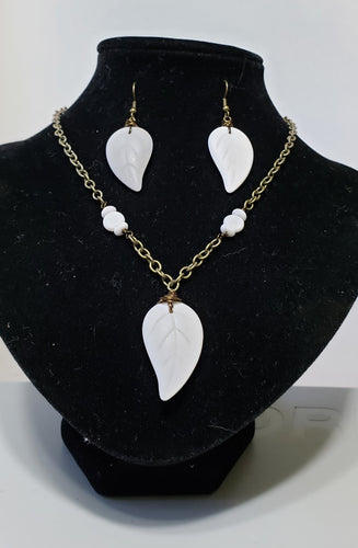 Antique Bronze Chain Necklace with Leaf Shaped White Czech Glass with matching Earrings.