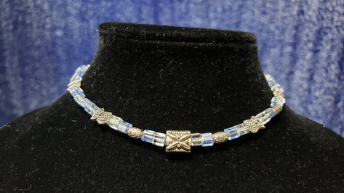 Blue Glass Bead Choker Necklace with Metal Spacers and Owl Accents. 13.5