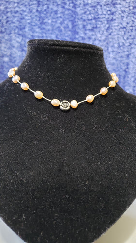 White Hand Knotted Silk Choker Necklace with Natural Pink Freshwater Pearls & Sterling Silver