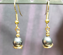 Load image into Gallery viewer, Gray Swarovski Pearl, Gold Tone Wire Fish Hooks Earrings