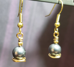 Gray Swarovski Pearl, Gold Tone Wire Fish Hooks Earrings