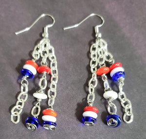 Red, White & Blue Czech Glass & Silver Plated Chain Fish Hook Earrings