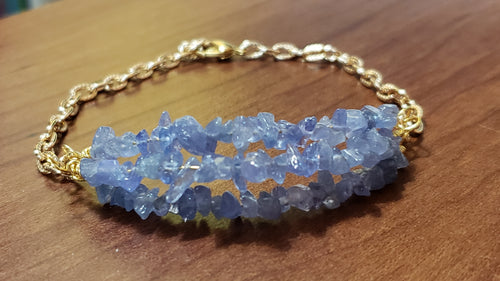 Natural Tanzanite & Gold Tone Chain Bracelet. Triple Strand, Adjustable to 8