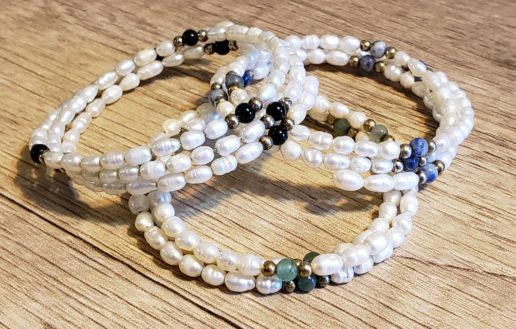 Set of 3 Natural Freshwater Pearl Memory Wire Wrap Bracelets 