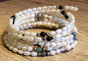 Set of 3 Natural Freshwater Pearl Memory Wire Wrap Bracelets 