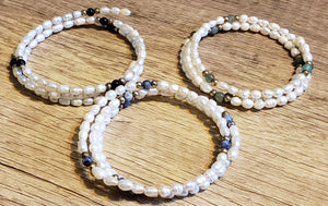 Set of 3 Natural Freshwater Pearl Memory Wire Wrap Bracelets 