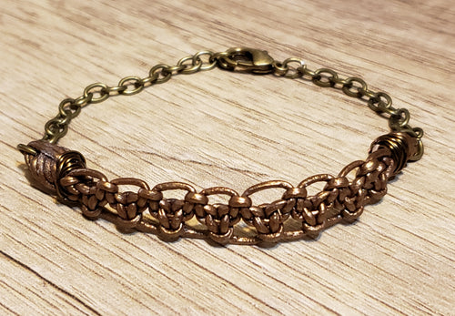 Metallic Bronze Leather Bracelet & Gold Tone Stainless Steel Chain, Adjustable up to 8