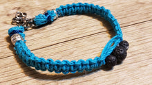 Load image into Gallery viewer, Blue Natural Hemp with Lava Rocks. Adjustable Non Tarnish Chain with Lobster Claw Clasp