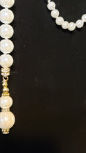 Load image into Gallery viewer, Hand Knotted Pearl 65&quot; Lariat style Necklace with Gold Tone &amp; Austrian Crystal Accents  