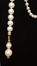 Load image into Gallery viewer, Hand Knotted Pearl 65&quot; Lariat style Necklace with Gold Tone &amp; Austrian Crystal Accents  