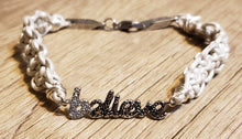 Load image into Gallery viewer, White Genuine Leather &quot;believe&quot; Bracelet with Austrian Crystal &amp; Stainless Steel, Adjustable Chain with Lobster Clasp.