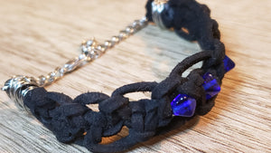 Genuine Black Leather Bracelet with Blue Czech Glass. Adjustable Chain & Lobster Claw Clasp 
 