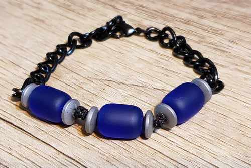 Blue Czech Glass Bracelet & Black Chain. Hand Crafted with Adjustable with Lobster Claw Clasp  