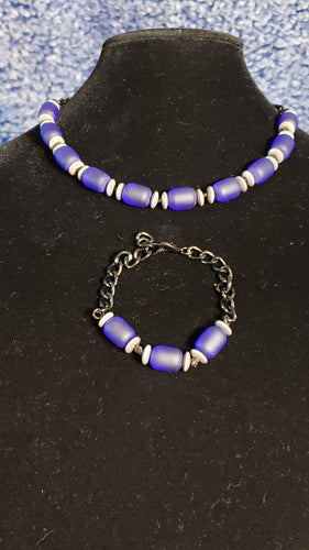 Blue Czech Glass & Black Chain Set. Bracelet & 16