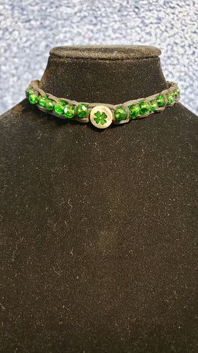 Green Czech Glass & Black Genuine Leather Choker with Silver Plated Shamrock Focal, Adjustable Chain up to 14.5