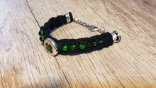 Load image into Gallery viewer, Green Czech Glass &amp; Black Genuine Leather Bracelet with Silver Plated Shamrock Focal, Adjustable Chain up to 6.75&quot; &amp; Lobster Claw Clasp 
 