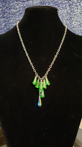 Silver Plated Chain Necklace with Aurora Borealis finished Green Czech Glass. Hand Crafted, Adjustable up to 19