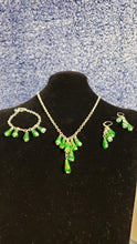 Load image into Gallery viewer, Silver Plated Chain &amp; Aurora Borealis finished Green Czech Glass Set. Hand Crafted and Adjustable.