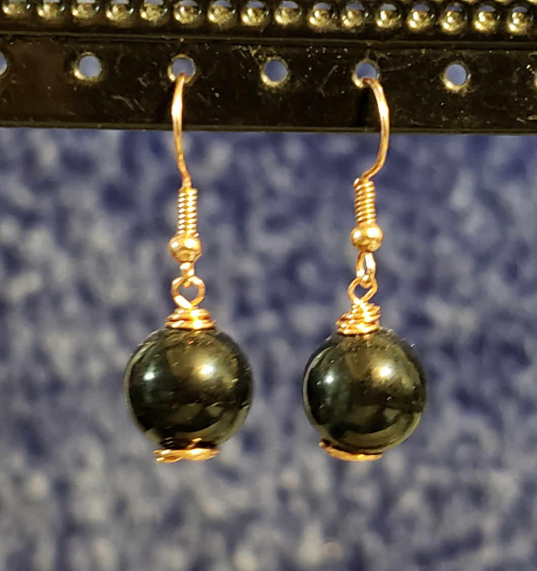 Black Czech Glass Rounds on Rose Gold Tone Fish Hooks Earrings