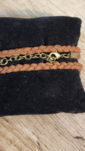 Load image into Gallery viewer, Genuine Leather Triple Wrap Bracelet, Adjustable, Brown with Brass Brass Tone &quot;Love More&quot; Focal, chain and Lobster Claw Clasp.
 