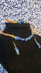 Kyanite Gemstone & Genuine Brown Leather Set. Choker, Bracelet & Earrings. Fully adjustable with Lobster Claw Clasps.