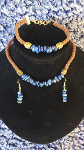 Kyanite Gemstone & Genuine Brown Leather Set. Choker, Bracelet & Earrings. Fully adjustable with Lobster Claw Clasps.