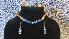 Load image into Gallery viewer, Kyanite Gemstone &amp; Genuine Brown Leather Set. Choker, Bracelet &amp; Earrings. Fully adjustable with Lobster Claw Clasps.