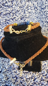 Kyanite Gemstone & Genuine Brown Leather Set. Choker, Bracelet & Earrings. Fully adjustable with Lobster Claw Clasps.