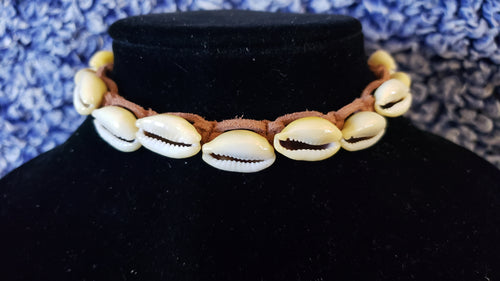 Puka Shell Choker with Brown Genuine Leather, Adjustable up to 13