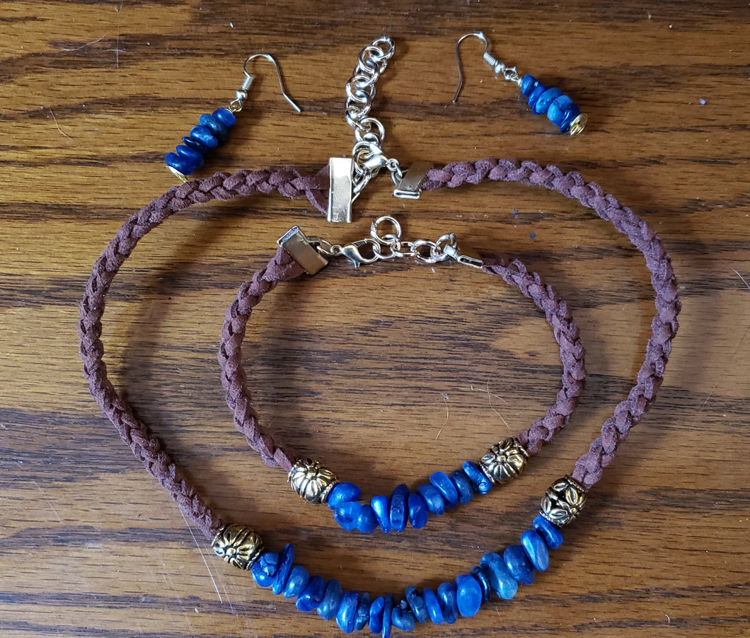 Kyanite Gemstone & Genuine Brown Leather Set. Choker, Bracelet & Earrings. Fully adjustable with Lobster Claw Clasps.