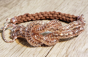 Genuine Brown Leather and Fancy Style14k Rose Gold Ion Plated Chain Bracelet 8" with Lobster Claw Clasp.