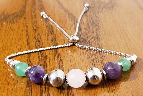 Hand Crafted Rose Quartz, Amethyst, Adventurine & Stainless Steel Bolo Style Bracelet, Adjustable.
 