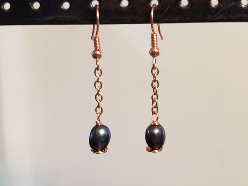 Hand Crafted, Natural Peacock Pearl on Rose Gold Chain Fish Hook Earrings