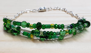 Triple Strand, Green Glass Bead Anklet with Turtle Focals and Screw Clasp