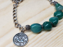 Load image into Gallery viewer, Hand Crafted Green Agate Gemstone &amp; Chain Bracelet. Adjustable to 8&quot;  with Virgo Zodiac Charm and Lobster Claw Clasp.