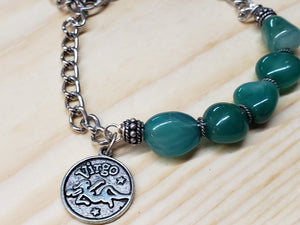 Hand Crafted Green Agate Gemstone & Chain Bracelet. Adjustable to 8"  with Virgo Zodiac Charm and Lobster Claw Clasp.