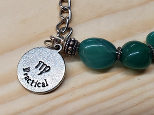 Hand Crafted Green Agate Gemstone & Chain Bracelet. Adjustable to 8"  with Virgo Zodiac Charm and Lobster Claw Clasp.