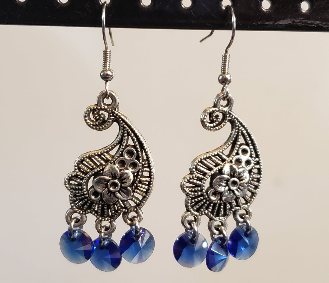 Silver Tone Metal Shapes with Three Blue Czech Glass Drops on Hypoallergenic Fish Hook Earrings