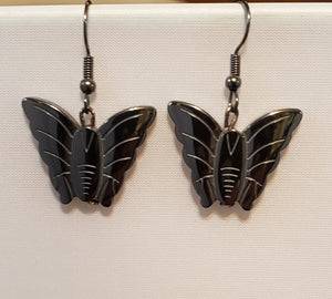 Natural Hand Carved Hemotite Butterly Earrings on Fish Hooks