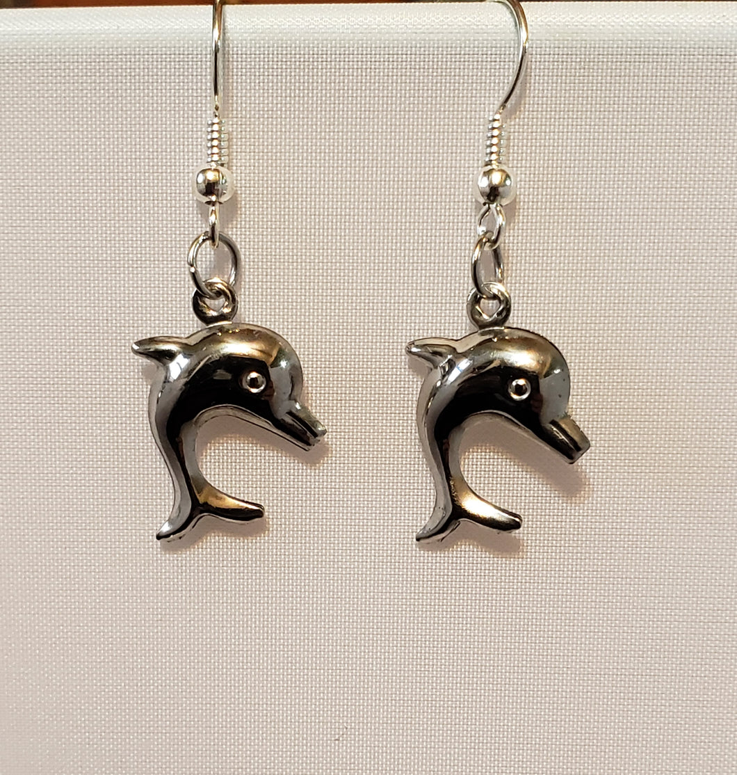 Non Tarnish Silver Tone Dolphins on Fish Hooks Earrings